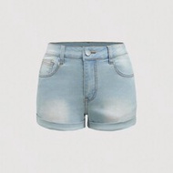 Women's Casual Embroidered Cartoon Character & Strawberry Cuffed Hem Denim Shorts, Summer