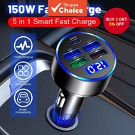 87W 5-Port USB-C Car Charger PD QC3.0 Fast Charging Adapter With Voltage Display For iPhone Samsung 