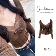 Gaeul store- lace foam t-shirt with ribbon bow and heart collar