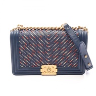 【二手】香奈兒 (Chanel) CHANEL 單肩包 Boy Chanel Chevron V 形縫線 藍色/RED/ 白色皮革 Boy Chanel V 形縫線鏈條單肩包