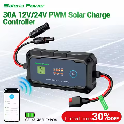 30A Solar Charge Controller 12V24V PWM Built-in BTAPP Control,Bateria Power Intelligent Plug and Pla