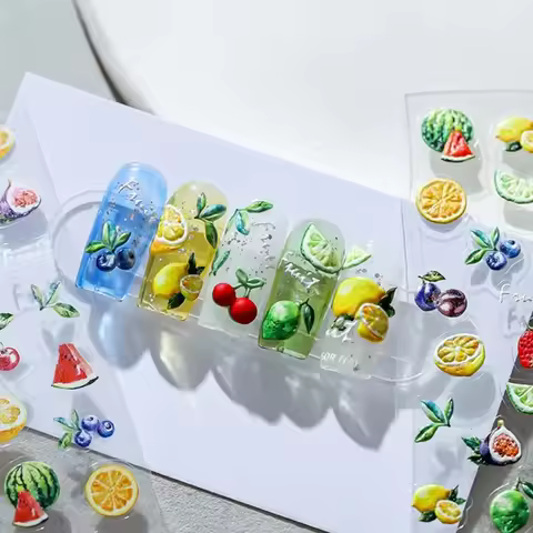 Fresh Sweet Fruits Design 3D Self Adhesive Nail Art Decorations Stickers Lemon Cherry 5D Soft Relief