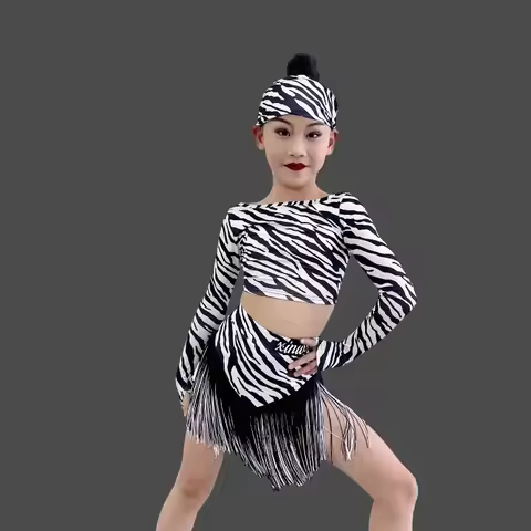 3Pcs Customized Children's Latin Dance Dress Tassel Skirt Zebra Pattern Long Sleeve Top Training Ski