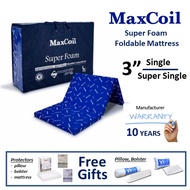 MaxCoil SUPER FOAM Foldable / Folding 3" Mattress (Single / Super Single) Flexi combo gifts bedding protectors / pads, pillow, bolster.