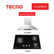 (HOOD + HOB) Tecno KA 2038 (90cm) Chimney Cooker Hood + Tecno T23TGSV 3-Burner Glass Cooker Hob with Inferno Wok Burner Technology