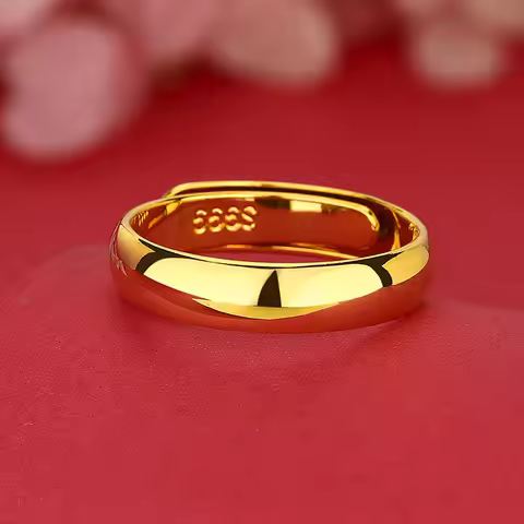 24K Gold AU999 Plain Wedding Band, Adjustable Open Ring Couples, Minimalist Stackable Ring Women & M