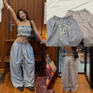 MIMI PANTS - DEROSE Striped PANTS Loose Form Mix Harem Elastic Waist Drawstring