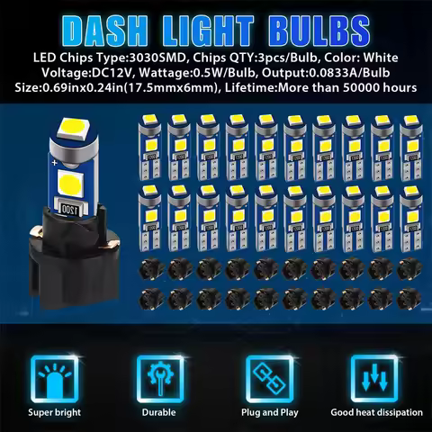 20Pcs 12V Canbus T5 58 74 286 W1.2W LED Bulb 3030 3SMD Wedge Light for Car Dashboard Instrument Pane