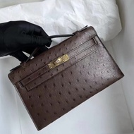 POCHETTE REAL OSTRICH BROWN CHOCOLATE GHW PHW