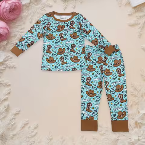 Baby Boy Western Pajamas Plaid Howdy Hat Kids Long Sleeve Shirt Nightwear Set Pants Children Outfit 