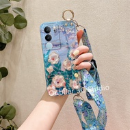 เคสโทรศัพท์ VIVOV29 VIVO V29 Pro V29e Y27 5G 4G เคส ข้อเสนอสุดพิเศษดีไซน์ใหม่น้ำมัน Rhinestone บลูเรย์แนววินเทจฝาครอบนิ่มลายดอกไม้พร้อมสายคล้องข้อมือ Case 2023