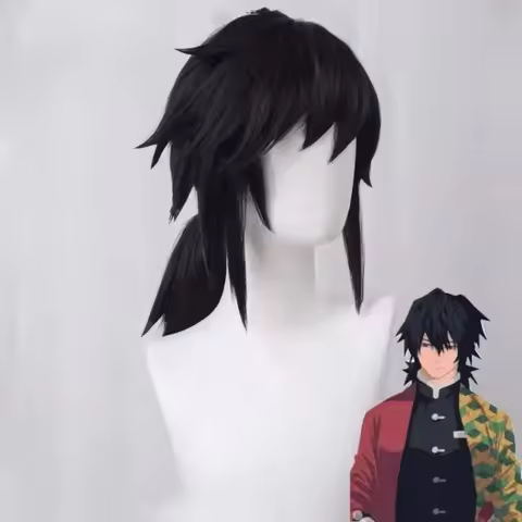 Demon Slayer Tomioka Giyuu Cosplay Wig Black Synthetic Short Straight Wig Anime Coser Cute Girl High