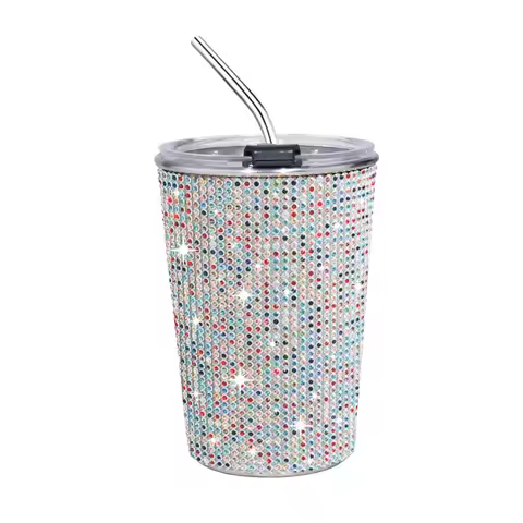 500ml Rhinestone Water Cup Bling Sparkling Stainless Steel Water Bottle Unbreakable with Lid Straw C