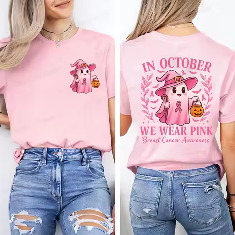 In October We Wear Pink Graphic Print T-Shirt Breast Cancer Awareness Casual Tees Halloween Pink Gho
