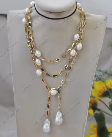 MTC·STAR Z13096 Set 52" White Keshi Pearl Mixed Color Rectangle Cz Chain Party Sweater Chain Necklac