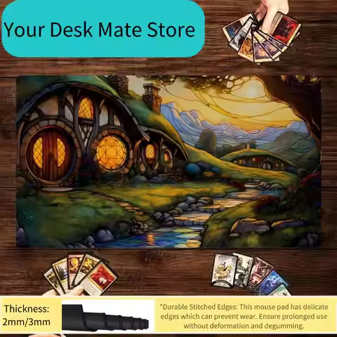 Hobbit House Stained Glass TCG Playmat Non-Slip Rubber Base Washable Cloth Surface MTG Game Mouse Pa