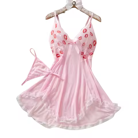 Pink Lips Underwear Kawaii Babydoll Dress Women Lace Nightdress Sleepwear Soft Pajamas With Thongs