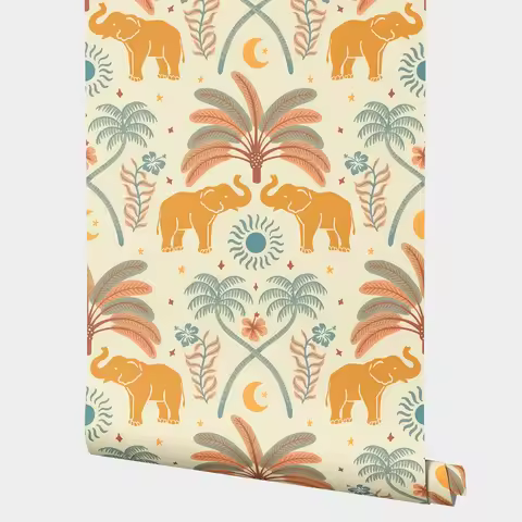 Charming Animal Wallpaper,Exotic Elephant Jungle Mural Paper with Tropical Elements,Bedroom Sticker 