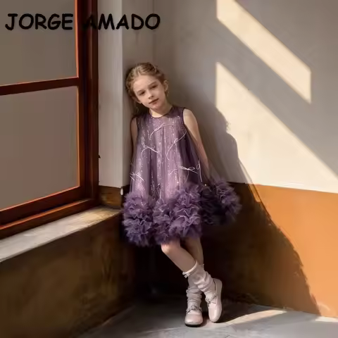 New Summer Kids Girl Sleeveless Party Dress Sequin Bow Fluffy Tutu Mini Kids Wedding Birthday Formal
