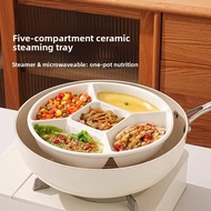 2pcs Five-Grid Ceramic Steaming Plate, Divided Plate, Round Steaming Plate, Multi-Grid Plate, Breakf