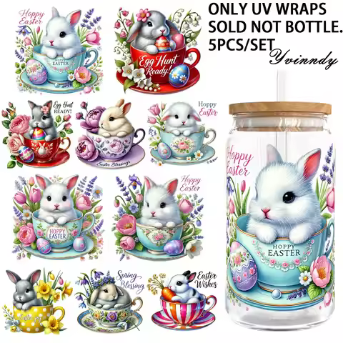 5Pcs/Set Easter Bunny 16OZ Glass Jar Transfer Paper UV DTF High Self-Adhesive Transfer Paper Suitabl