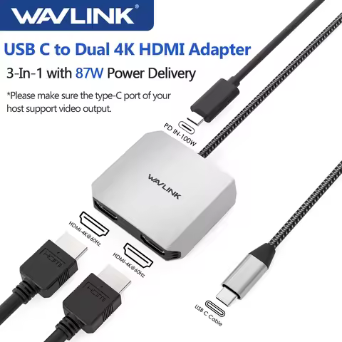 Wavlink USB C to Dual HDMI-Compatible 4K@60Hz 3-In-1 HDMI-Adapter with 87W Power Delivery Dual Monit