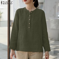 ZANZEA เสื้อเบลาส์สำหรับใส่ทำงานคอกลมผู้หญิงเสื้อลินินเสื้อสตรีผ้าฝ้ายแขนยาวออฟฟิศสีพื้น #8
