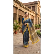 Blue & Yellow Hand Block Printed  Pure Maheswari Silk Saree