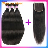b0101Human hair Straight Hairs Grade 9A 3bundle+free part closure