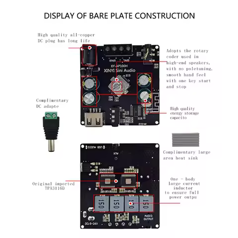 Y43A-2X XY-AP100H 100W+100W Dual TPA3116D2 Bluetooth 5.0 Stereo Audio Digital Power Amplifier Board