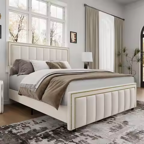 Full Size Bed Frame with 50" Tall Headboard and Footboard, Chenille Upholstered Bed Frame, Vertical