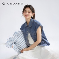 GIORDANO Women Shirts Lightweight Classic Collar Denim Shirts Flutter Sleeve Double Pockets Fashion