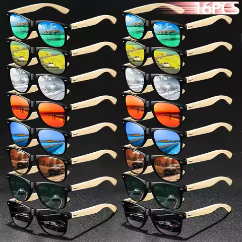 16PCS Fashion Eyewear Classic Vintage Bamboo Wood Sunglasses Men Women Brand Designer Square Glasses