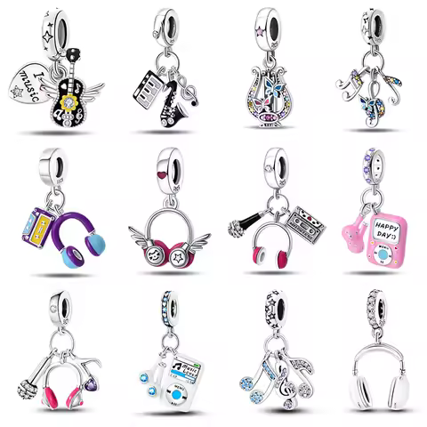 Fashion 925 Sterling Silver Guitar Violin Saxophone Music Series Charms Beads Fit Qikaola 925 Origin