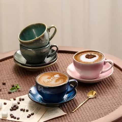 Ceramic Retro Kiln-turned Coffee Cup Cappuccino Latte Fancy Embossed Art Latte Art Cup Tea Cup and S