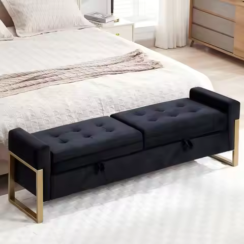 67" End of Bed Storage Bench for Bedroom King Size, Double Lids Storage Ottoman Bench with Golden Le