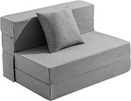 JKMAX Twin Size Folding Sofa Bed - 4 in 1 Futon Couch with Pillow - High Density Memory Foam Futon Chair- Convertible Foldable Mattress with Washable Modern Linen Cover for Living Room (Light Grey)