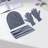 Marino Wool Beanie Women Men Scarf Hat Gloves Winter Knitted Set Three Pieces Accessories
