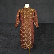 二手 咖黃 緞面織紋 薄鋪棉 七分袖 古董訂製 長袖旗袍 PF721