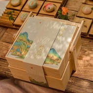 HY💕 Portable Wooden Double-Layer Dim Sum Gift Box Chinese Cabas with Illustration Box Mid-Autumn Festival Moon Cake Gift