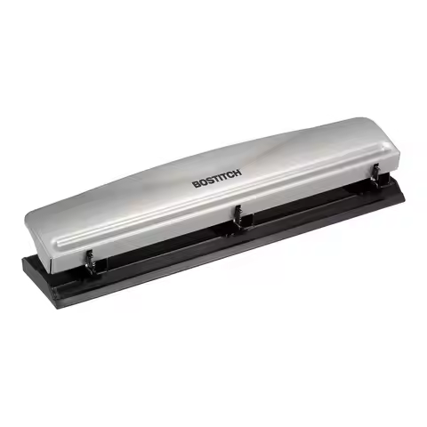 Premium 3-Hole Punch, Metal Construction, 12 Sheet Capacity, Silver Finish with Easy-Clean Tray