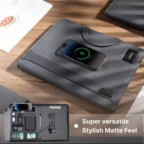 Leather Padfolio with Wireless Charging, Hidden Handle & Clipboard – Business Organizer Folder with 