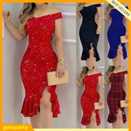 [Dress] Women Sexy Off Shoulder Split Ruffle Solid Color Plaid Bodycon Knee-length Dress