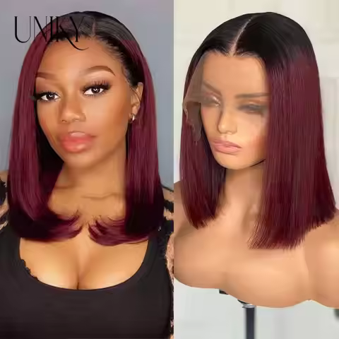 Ombre T1B/99J Bob Wig Human Hair Straight 13x1 transparent Lace Frontal Wig Middle Part Wig Short Bo
