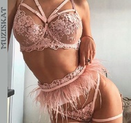 【hot】♨๑●  2022 3 Piece Set Ultra Thin exotic bra set feather Porn