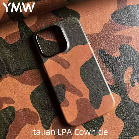YMW Italian Camo Genuine Leather Case for iPhone 13 14 Pro Max Personality Cowhide Magnetic Phone Co