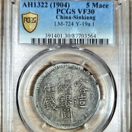 新疆喀造 PCGS VF30 | 1904年清代光緒銀圓五錢 全原裝深色老包漿老銀幣 5 Mace
