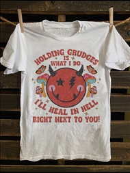 【 Charm 】 Men's Punk Rock Pattern T-Shirt - Funny Slogan "Hold A Grudge" Cartoon Demon Design Soft 1