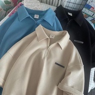 【M-2XL】Korean Style POLO Shirt men Plain Color Waffle Label Zipper Lapel Short Sleeve T-Shirt Men's 