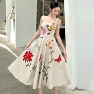 Floral Cross-Shoulder Dress Female High-End Vietnam Niche 2023 Summer Three-Dimensional Flower Retro Narrow-Waisted Slimmer Look